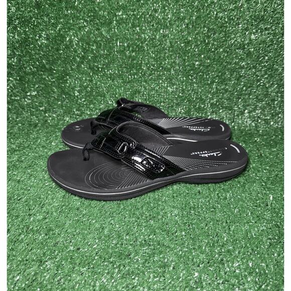Clarks Cloud Steppers Sandals Womens Size 9 Black Leather Breeze Reyna Flip Flop - Picture 4 of 8